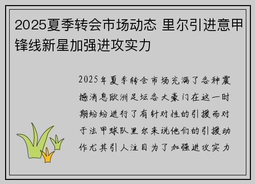 2025夏季转会市场动态 里尔引进意甲锋线新星加强进攻实力